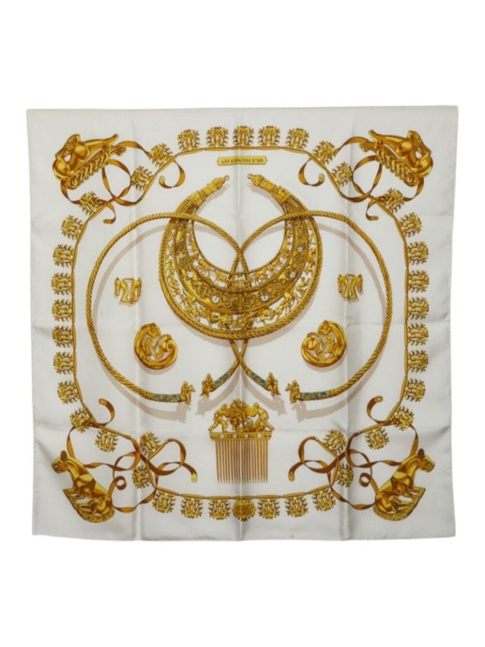 Hermes Carre 90 les Cavaliers D'or Yellow Golden Knight Scarf Large White